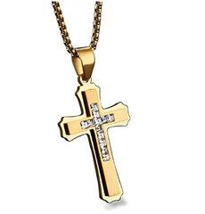 Cross Necklace for Men, Gold Plated Stainless Steel Titanium - Best Gift for Baptism / Christening / Christmas / Birthday for Men, Pastor, Priest, Teens, Boys, Holy Religious Christian, Catholic Gifts
