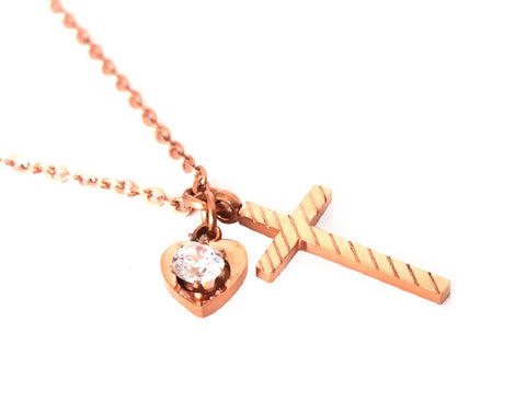 Gold Cross Necklace with Heart and Crystal for Women