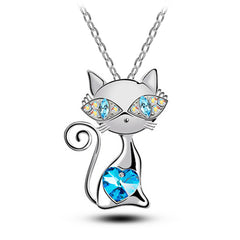 Cute Cat with Crystal Heart and Eyes Fashion Jewelry Necklace
