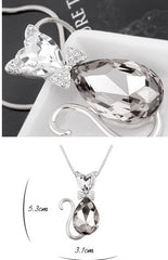 Heart & Teardrop Crystal Cat Pendant Fashion Jewelry Necklace (Long Chain)