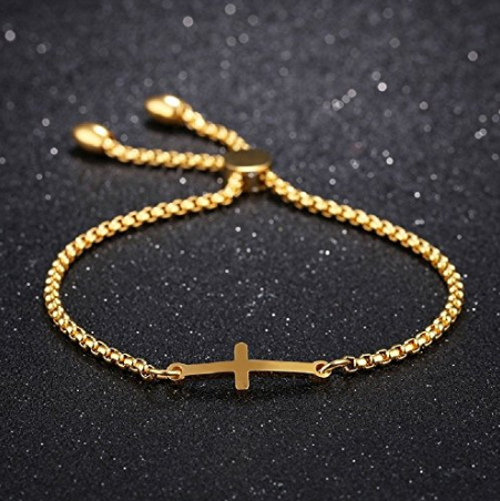 Sideways Cross Bracelet Adjustable - Best Quality Gold Plated - Unique Baptism Gift, Christening, Christmas, Birthday, for Women, Teen, Girls, Kid, Baby; Holy Religious Christian, Catholic Gift