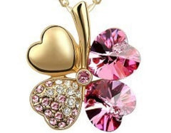 Lucky Four-Leaf Clover Crystal Pendant Fashion Jewelry Necklace (Rose Red)