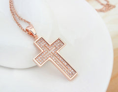 Elegant Cross Pendant Fashion Jewelry Necklace 18K Rose Gold Plated with Sparkling CZ Gemstones